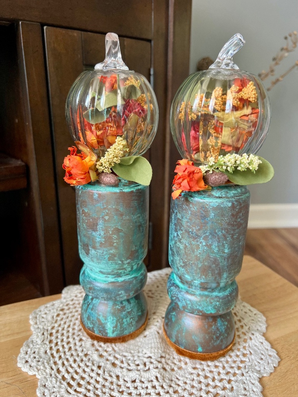 Glass Pumpkin Wooden Fall Decor Rustic Farmhouse Moody Hand Made & Designed Set